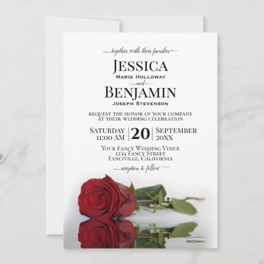 Rote Rose Long Stemmed Elegante Hochzeit Einladung (Vorderseite)