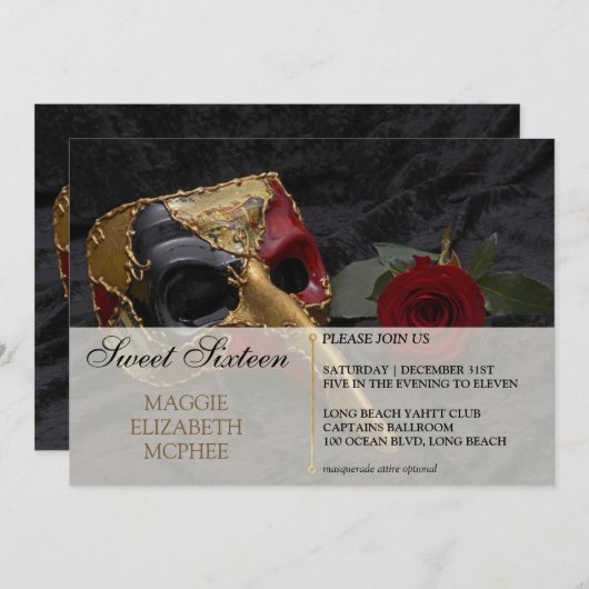 Rote Rose Masquerade Geburtstag Einladung (Vorne/Hinten)