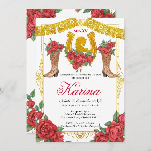Rote Rose Mexican Charra 15 Quinceanera Einladung (Vorne/Hinten)