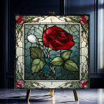 Rote Rose mit dem 2-poligen Weinrand-Look Fliese<br><div class="desc">Die Rote Rose mit der Keramik Tile aus Kiefernglas 2 besticht durch eine elegante Single-rote Rose auf graublau-grauem Hintergrund mit einer Rose Weinrebe. Diese Kachel hat ein antikes Buntglas-Aussehen im Jugendstil. Dieses Design ist auch in einem Spiegelbild verfügbar. (Das Spiegelbild ist die Rote Rose mit der Keramik "" mit dem...</div>