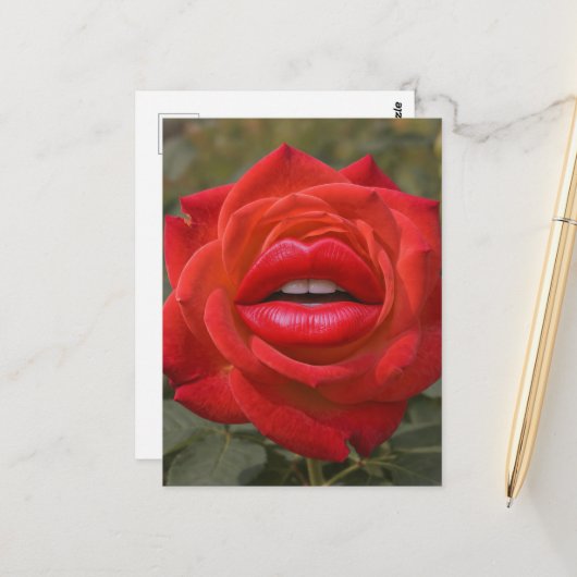 Rote Rose mit Lippen Collage Postkarte (Vorderseite/Rückseite Beispiel)