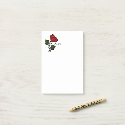 Rote Rose mit Name Post-it Klebezettel (Auf Schreibtisch)