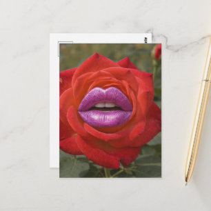 Rote Rose mit rosa Lippen Collage Postkarte