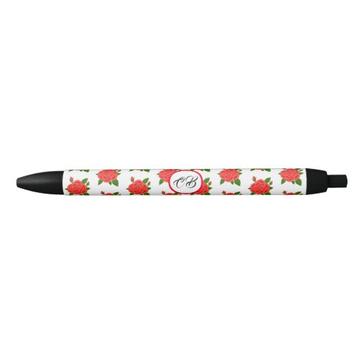 Rote Rose Monogramm Schwarzer Tinten Pen Kugelschreiber (Vorderseite)