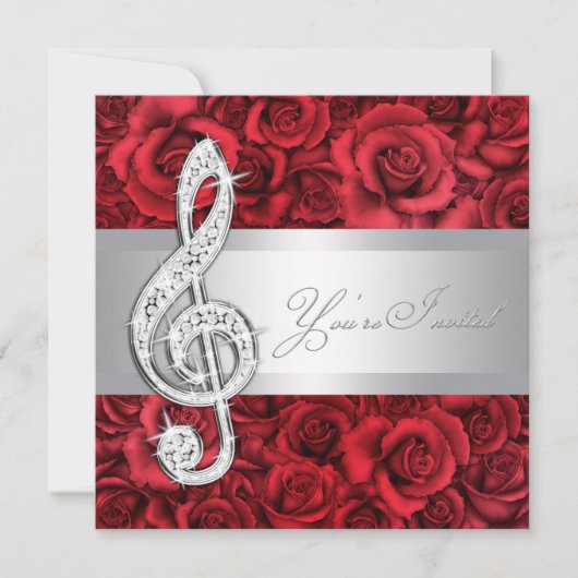 Rote Rose Music Treble Clef Einladungen (Vorderseite)