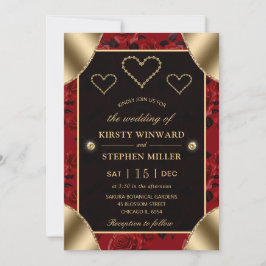 Rote Rose Muster und Gold Diamonds Hochzeit Einladung