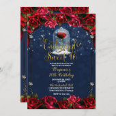 Rote Rose Navy Blue Gold Sweet 16 16. Party Einladung (Vorne/Hinten)