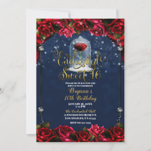 Rote Rose Navy Blue Gold Sweet 16 16. Party Einladung