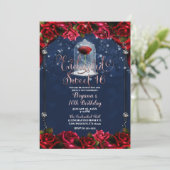 Rote Rose Navy Blue & Gold Sweet 16 16. Party Einladung (Stehend Vorderseite)