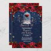 Rote Rose Navy Blue & Gold Sweet 16 16. Party Einladung (Vorne/Hinten)