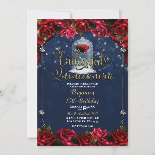 Rote Rose Navy Blue Gold Verzauberte Quinceñera 15 Einladung (Vorderseite)