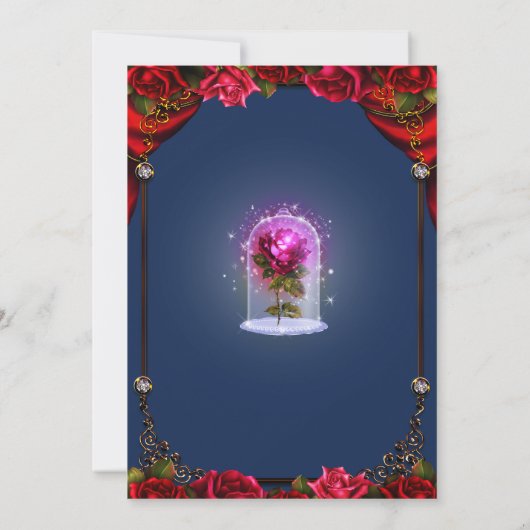 Rote Rose Navy Blue Gold Verzauberte Quinceñera 15 Einladung (Rückseite)