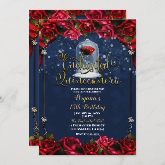 Rote Rose Navy Blue Gold Verzauberte Quinceñera 15 Einladung (Vorne/Hinten)