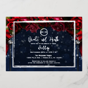 Rote Rose Navy Blue Sparkle Glam Wedding Silver Folieneinladung