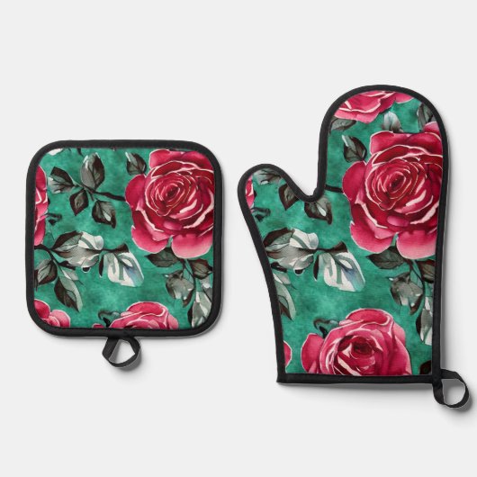 Rote Rose Oven Mitt und Potholder Set (Vorderseite)