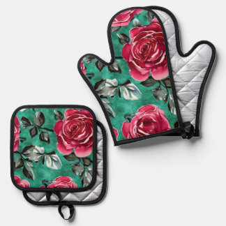 Rote Rose Oven Mitt und Potholder Set