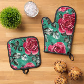 Rote Rose Oven Mitt und Potholder Set (Oben Unten)
