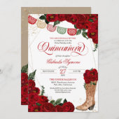 Rote Rose Papel Picado Western Charra Quinceañera Einladung (Vorne/Hinten)