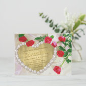 Rote Rose Pearl Heart Quinceñera Einladung (Stehend Vorderseite)
