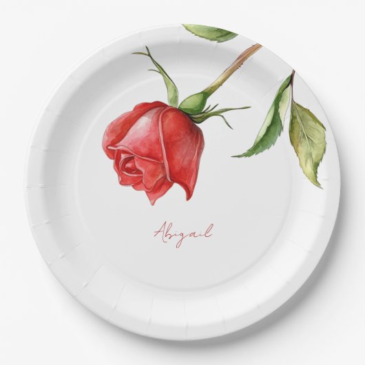 Rote Rose Personalisierter Name Brautparty Pappteller (Vorderseite)