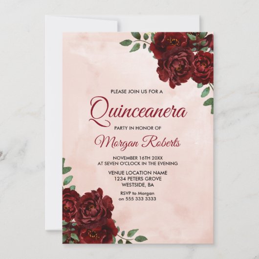 Rote Rose Quinceanera Einladung (Vorderseite)