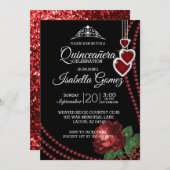 Rote Rose Quinceañera Feier Einladung (Vorne/Hinten)