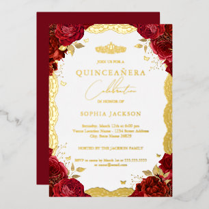 Rote Rose Quinceanera Gold Lace Geburtstag Folieneinladung