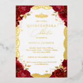 Rote Rose Quinceanera Gold Lace Geburtstag Folieneinladung (Vorderseite)