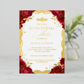 Rote Rose Quinceanera Gold Lace Geburtstag Folieneinladung (Stehend vorne)
