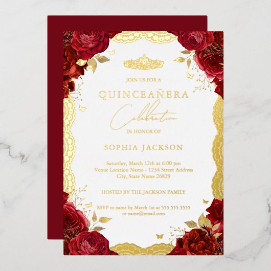 Rote Rose Quinceanera Gold Lace Geburtstag Folieneinladung (Vorderseite/Rückseite)