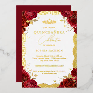 Rote Rose Quinceanera Goldene Spitze Geburtstag Folieneinladung