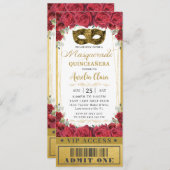 Rote Rose Quinceañera Masquerade VIP Ticket Einladung (Vorne/Hinten)