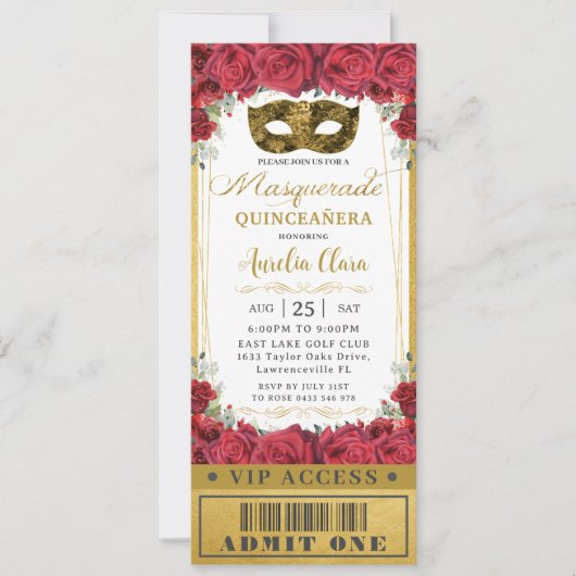 Rote Rose Quinceañera Masquerade VIP Ticket Einladung (Vorderseite)