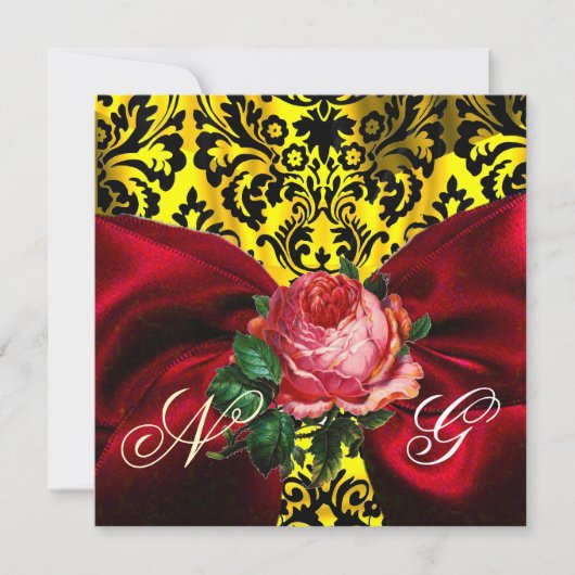 ROTE ROSE RIBBON GOLD YELLOW BLACK DAMASK MONOGRAM EINLADUNG (Vorderseite)