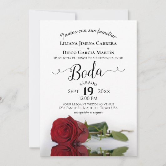 Rote Rose Romantische Spanische Hochzeit Einladung (Vorderseite)