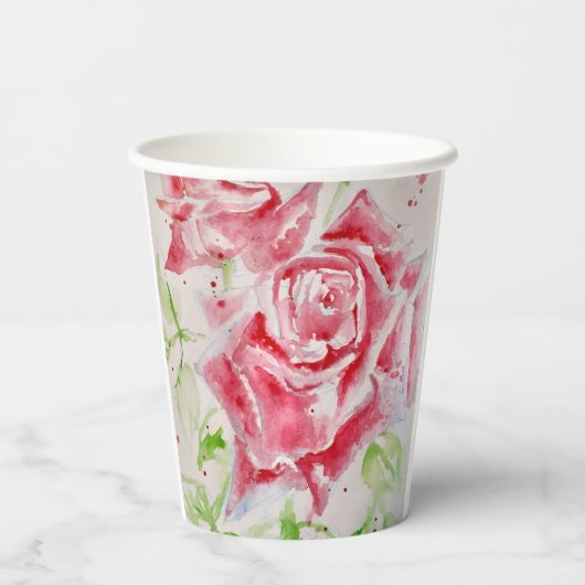 Rote Rose Rose Blume Muster Wasserfarbenhochzeit Pappbecher (Rückseite)