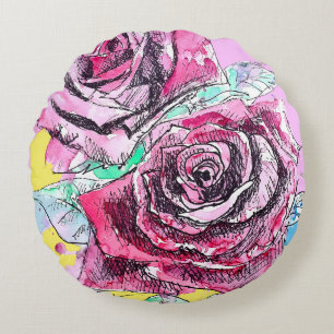 Rote Rose Rosen Aquarell Blumen Blüten Rundes Kissen