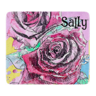 Rote Rose Rosen Aquarell Blumen Blüten Schneidebrett