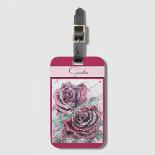 Rote Rose Rosen Blumen Aquarell Floral Lila Kunst Gepäckanhänger