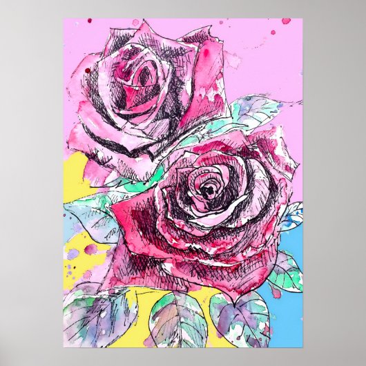 Rote Rose Rosen Florale Blumen Wasserfarben Poster (Vorne)