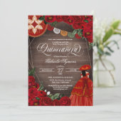 Rote Rose Rustic Charra/Mariachi Kleid Quinceañera Einladung (Stehend Vorderseite)