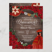 Rote Rose Rustic Charra/Mariachi Kleid Quinceañera Einladung (Vorne/Hinten)