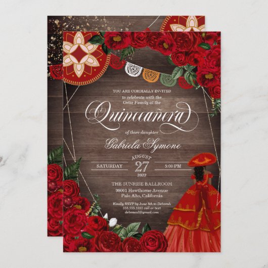 Rote Rose Rustic Charra/Mariachi Kleid Quinceañera Einladung (Vorne/Hinten)