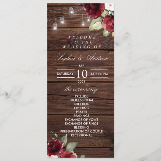 Rote Rose Rustic Wood Hochzeitsprogramme Programm (Vorderseite)