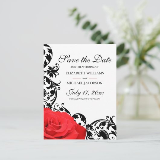 Rote Rose Schwarz Geblüht Hochzeit speichern Sie d Postkarte (Stehend Vorderseite)