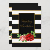 Rote Rose, Schwarz, Weiß und Gold Streifen - Einla Einladung (Vorne/Hinten)