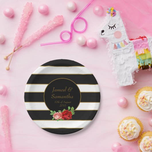 Rote Rose, Schwarz, Weiß und Goldstreifen - Pappteller (Party)