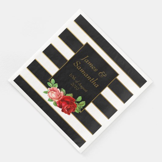 Rote Rose, Schwarz, Weiß und Goldstreifen - Serviette (Ecke)