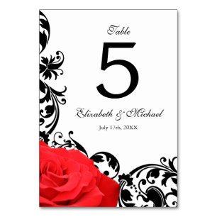 Rote Rose Schwarze Blütenhochzeit Tischnummer