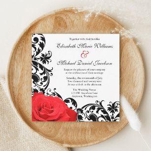 Rote Rose Schwarze Flourish Hochzeits Einladungen